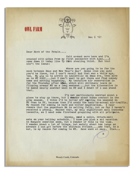 Hunter S. Thompson Letter Signed After Skiing Ajax Mountain in Aspen -- ...Im wracked with aches from my first encounter with Ajax......I came down it today like Ty Cobb stealing third...